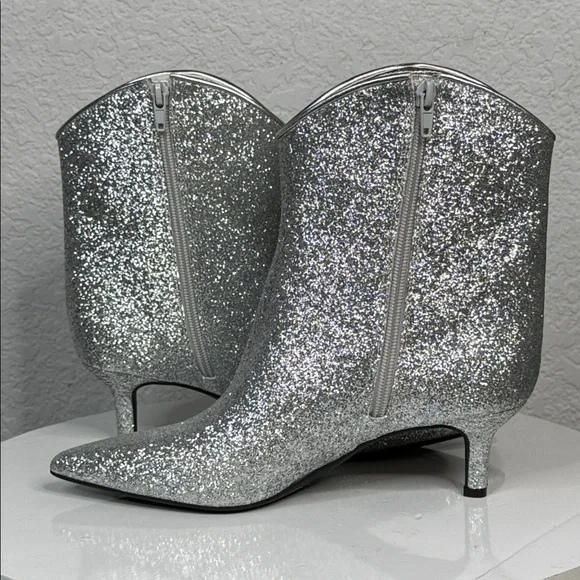 ON 34TH AATIRA TULIP GLITTER BOOTIES SILVER KITTEN HEEL POINTED TOE SIZE 7 *NIB* - Picture 8 of 15